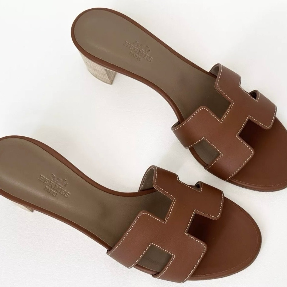 HERMES H OASIS SANDALS IN GOLD BROWN LEATHER SHOES MULES SLIDES HEELS 38 - Picture 9 of 15